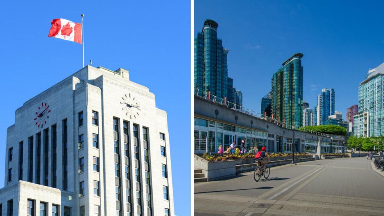 Vancouver City Hall, right, a person riding a bike through Vancouver, B.C