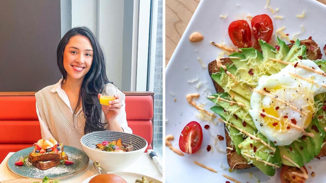 Vancouver food blogger Clarissa Nuttall eating brunch. Right: Avocado toast from Porto Cafe in Vancouver, B.C.