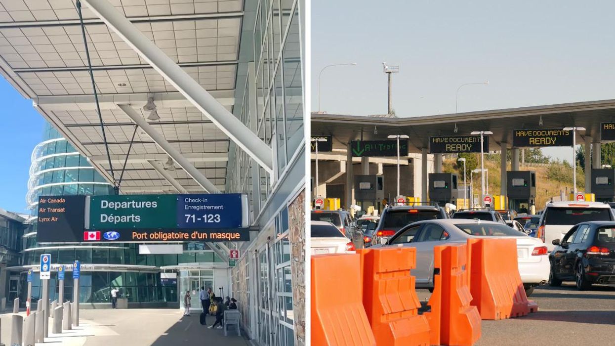 Vancouver International Airport entrance. Right: Cars line up at the Blaine border between Canada and the United States.
