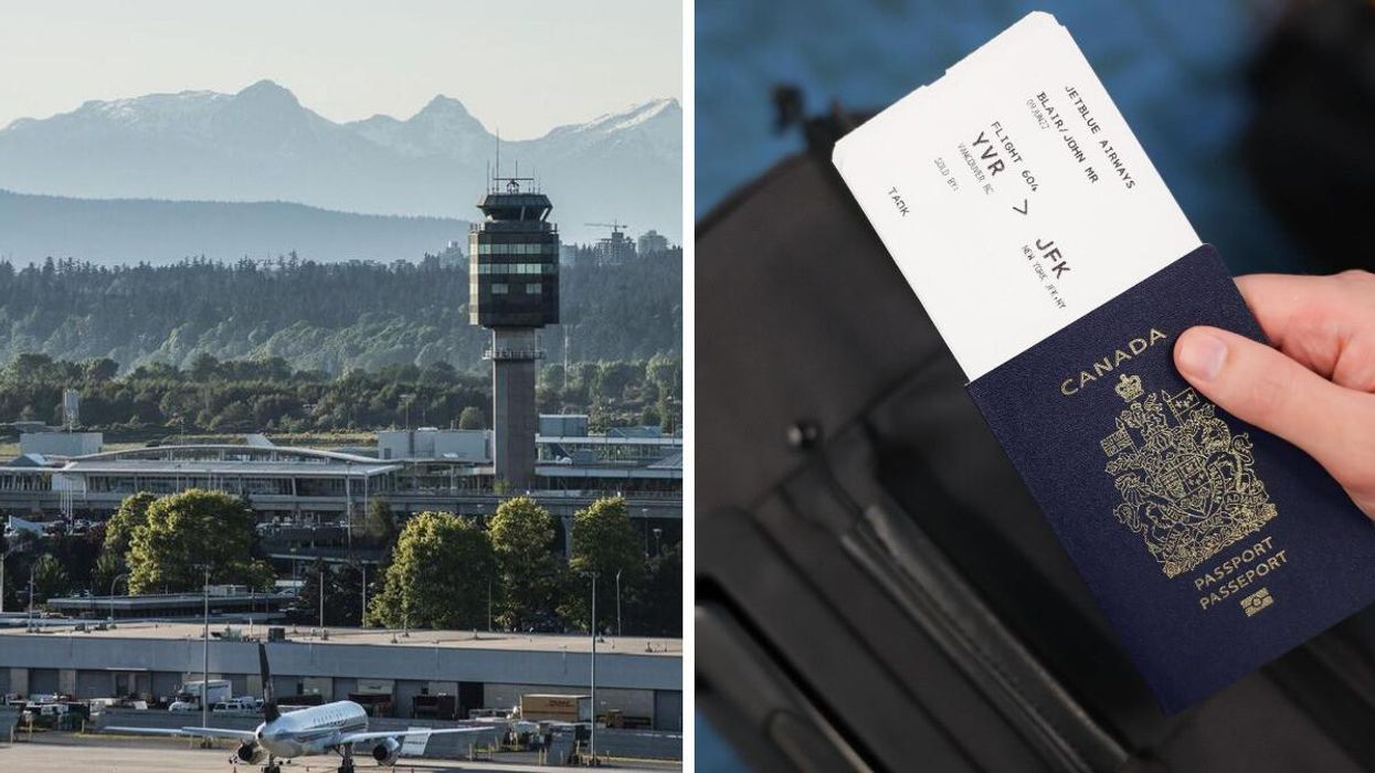 Vancouver International Airport. Right: A passport with a boarding ticket.