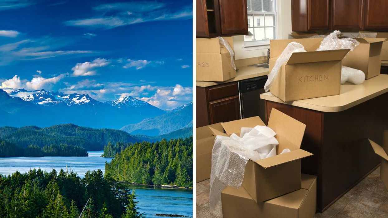Vancouver Island scenery. Right: Moving boxes in a kitchen.