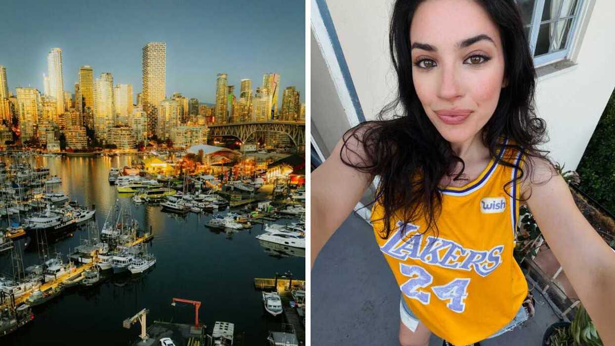 Vancouver Marina aerial view at sunset. Right: Brunette in yellow Kobe Bryant Lakers jersey.