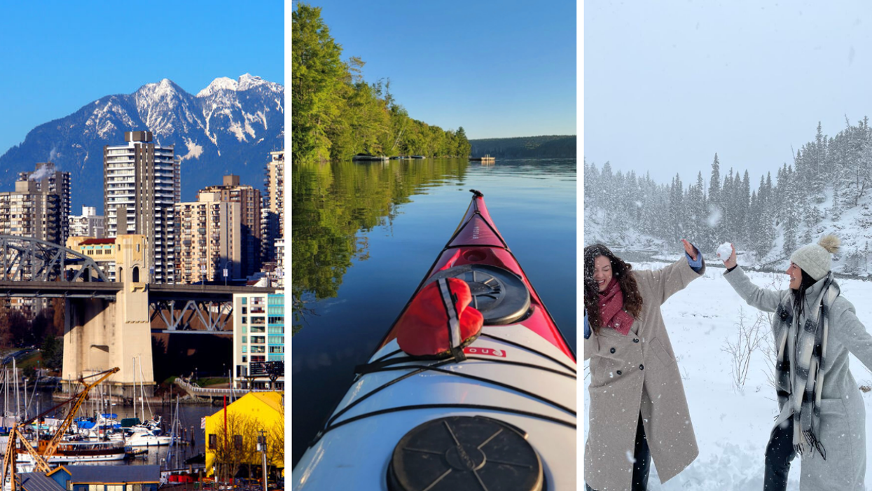 Vancouver. Right: Kayak in Ontario. Right: Brooke Houghton and Grace Waite in Banff.