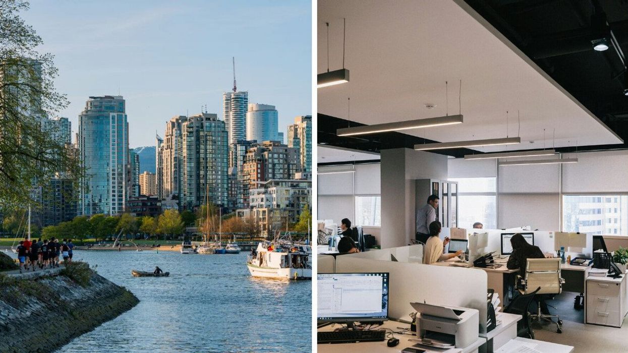 vancouver skyline along the water. right: people working on computers in an office.