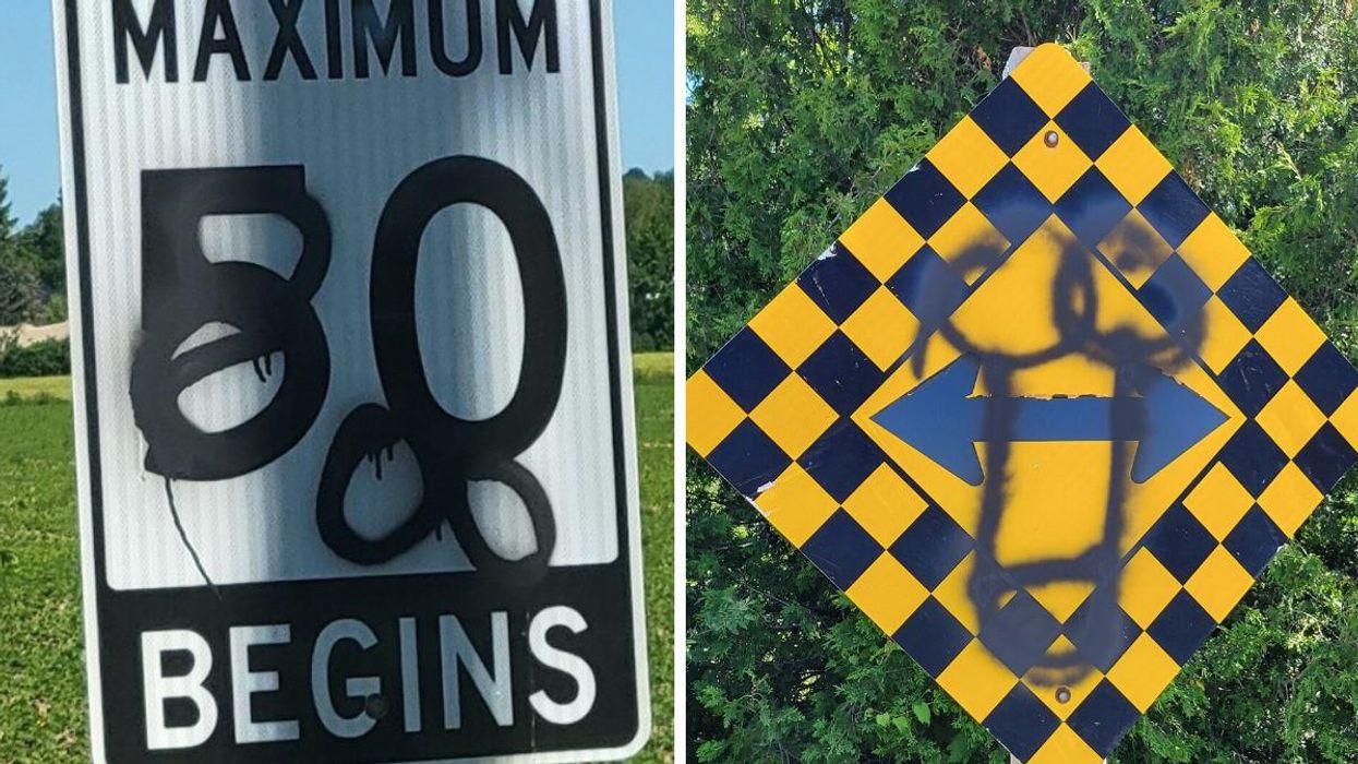 Vandalized road signs.