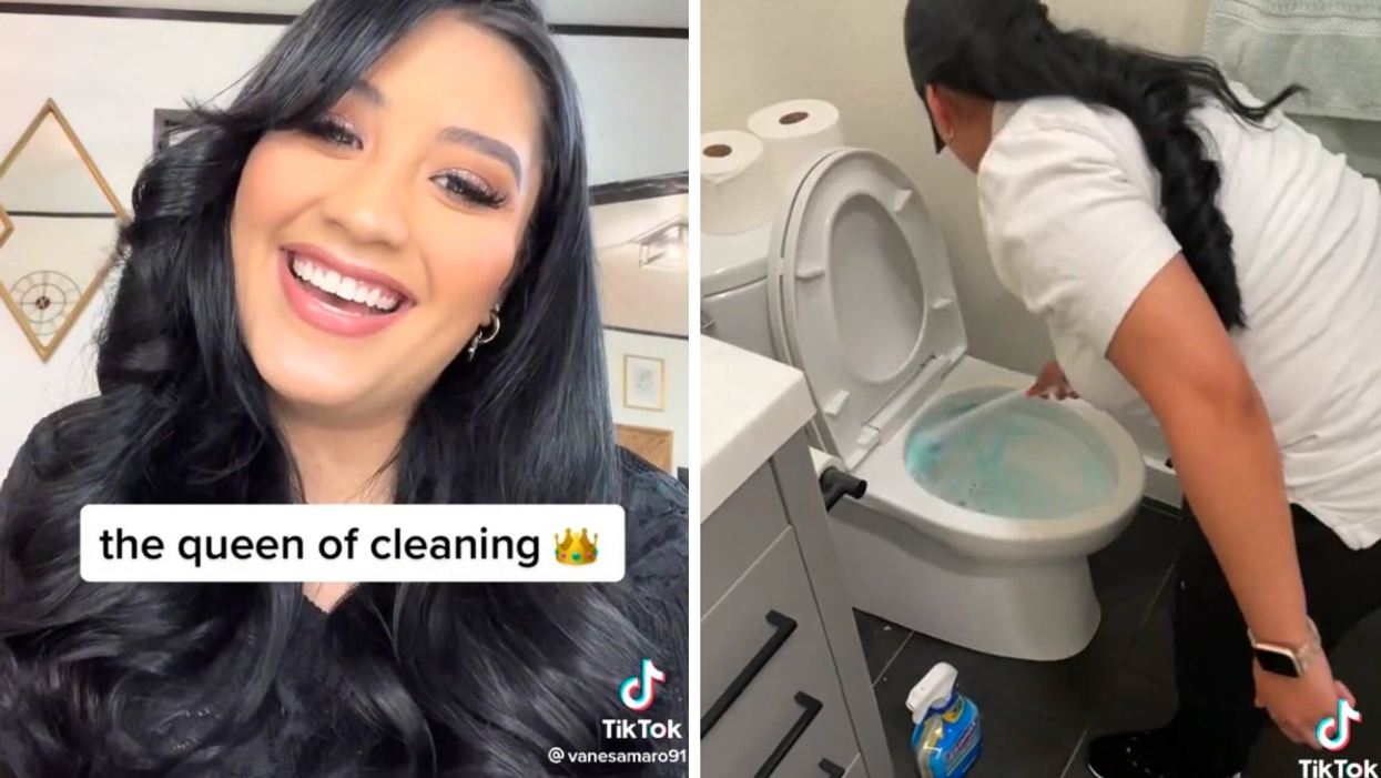 Vanesa Amaro in a black top. Right: Amaro in a white shirt cleaning a toilet.