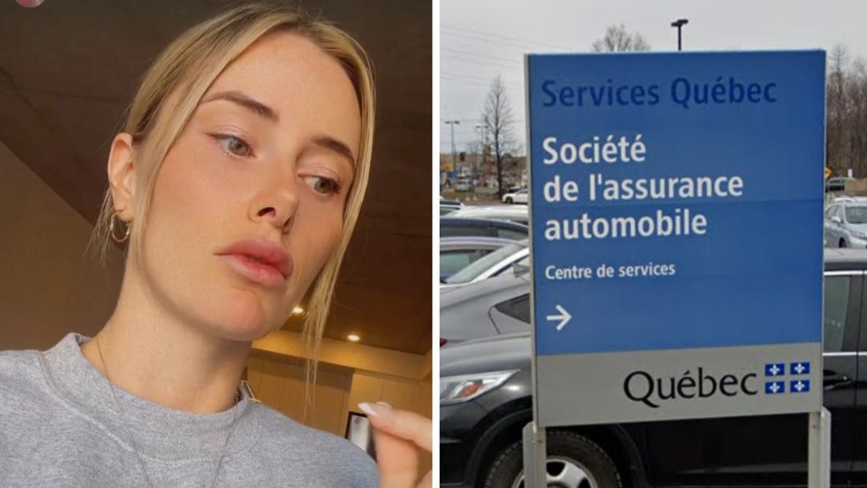 Vanessa Sicotte. Droite : Enseigne de la Société de l'assurance automobile du Québec.