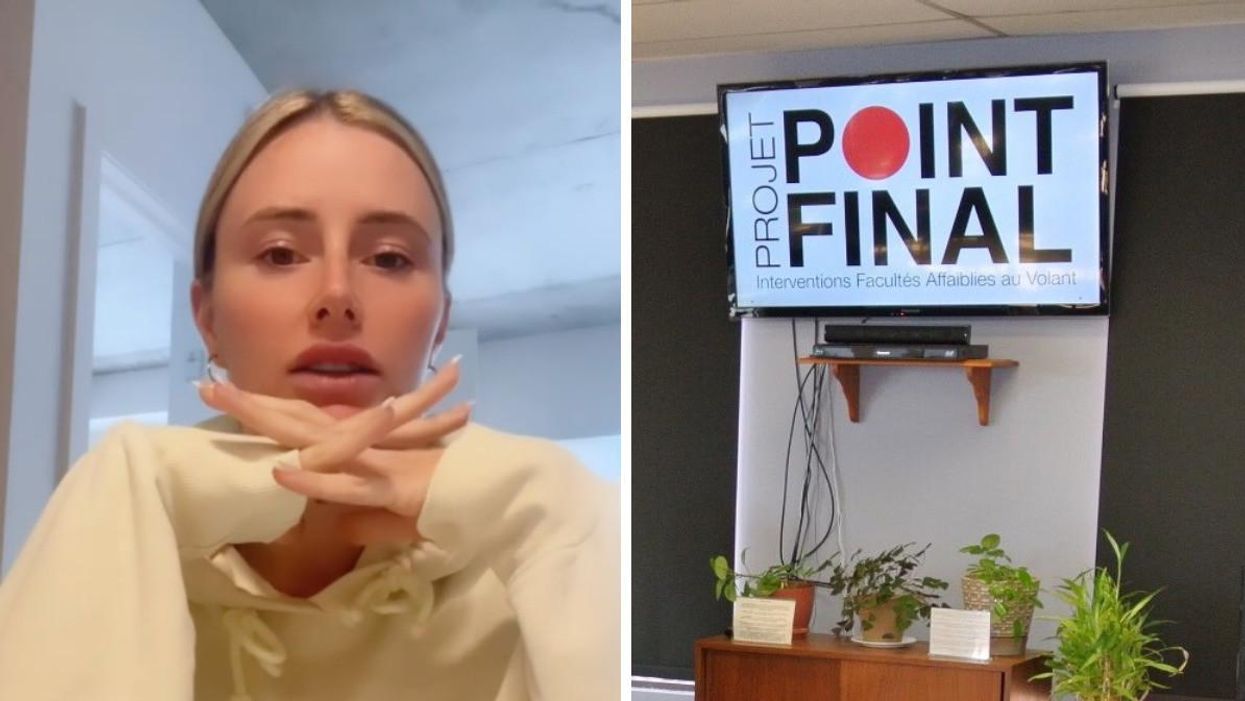 Vanessa Sicotte. Droite : Logo de Projet Point Final diffusé sur une télévision.