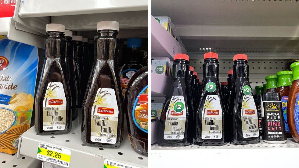 vanilla extract bottles on a shelf at dollarama. right: vanilla extract bottles on a shelf at dollar tree.