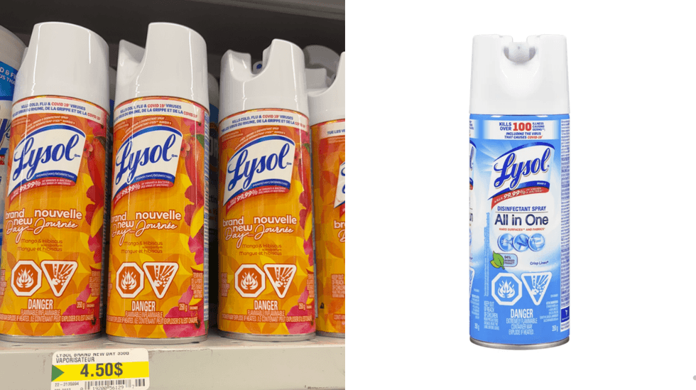 Vaporisateur d\u00e9sinfectant Lysol sur les tablettes du Dollarama. Droite : Vaporisateur d\u00e9sinfectant Lysol sur le site du Tigre G\u00e9ant.