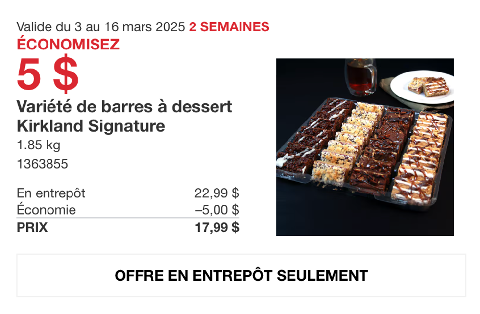 Vari\u00e9t\u00e9 de barres \u00e0 dessert Kirkland Signature dans la circulaire du site de Costco.