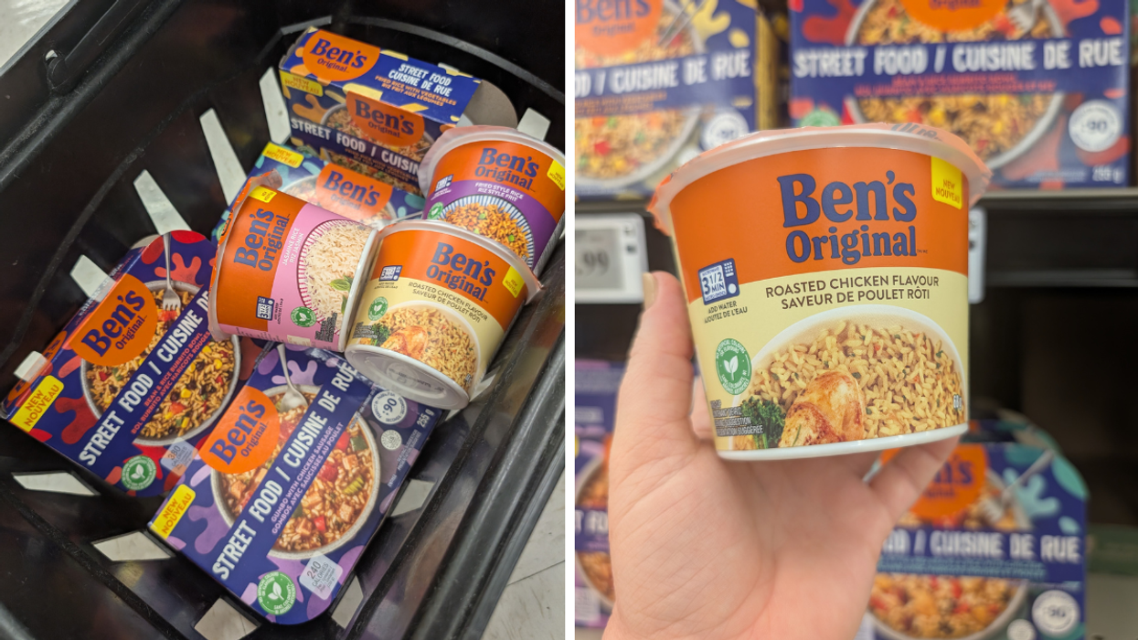 Variety of Ben’s Original rice cups and Street Food packs in a shopping basket. Right: Close-up of Ben’s Original roasted chicken rice cup held in store aisle.