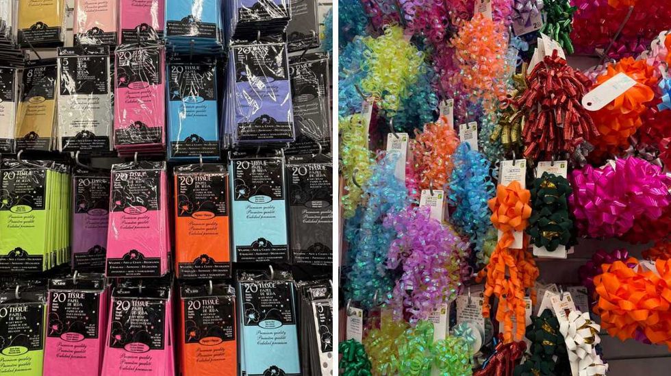 Various coloured tissue paper hanging on a store shelf. Right: Gift wrapping ribbons in various colours.