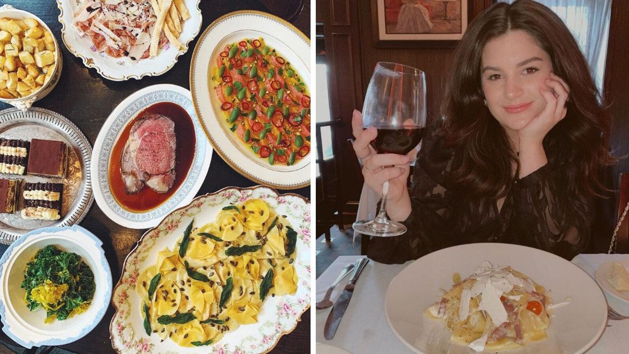 Various Italian dishes laid out on a table. Right Someone holding a glass of red wine with a plate of pasta.