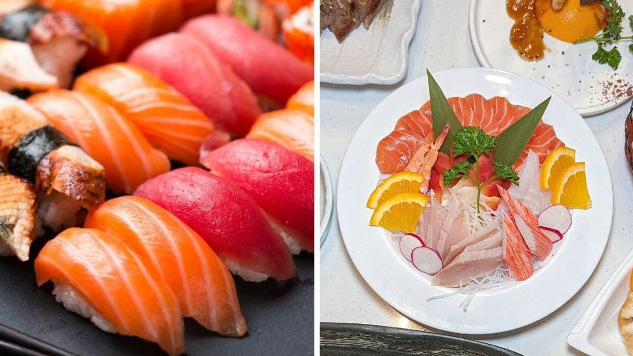 Various sushi pieces. Right: Pieces of sushi on a plate.