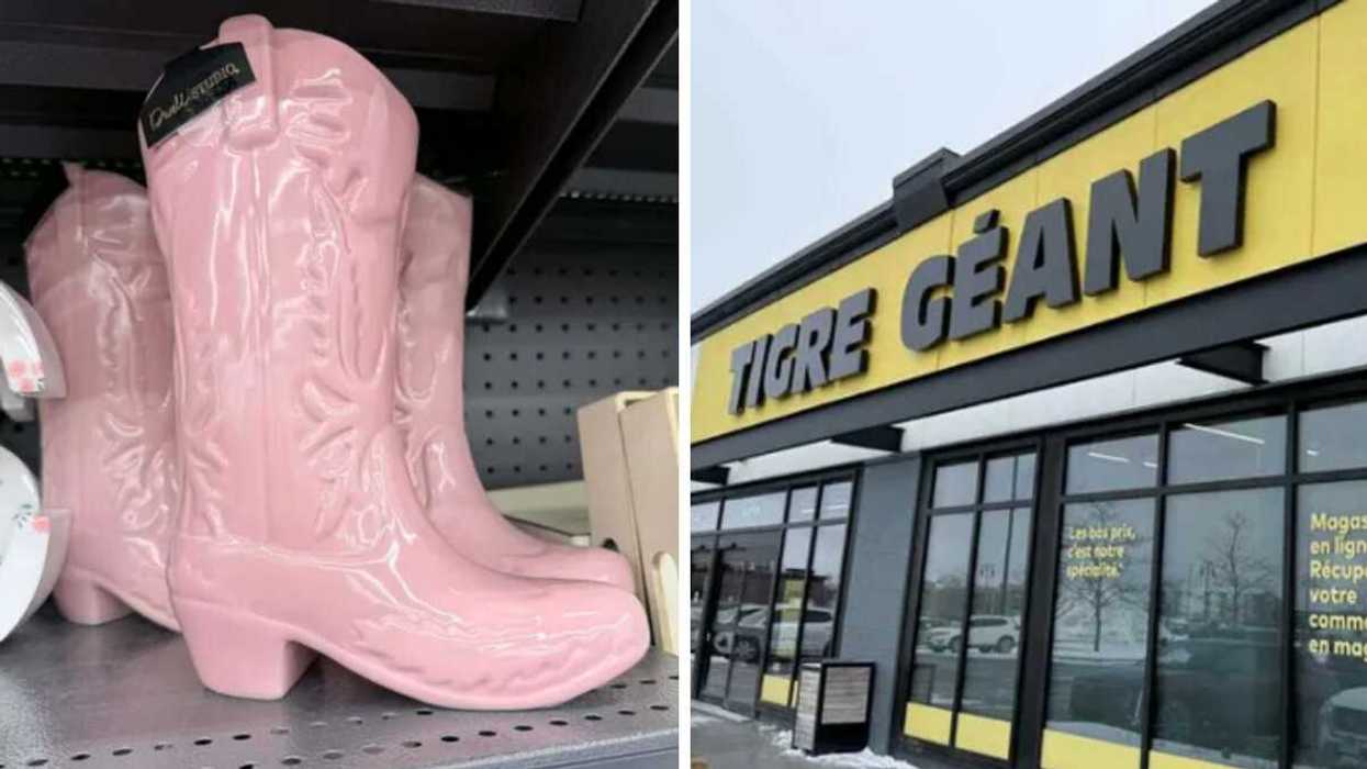Vase en forme de botte de cowgirl vendu au Tigre Géant pour 15 $. Droite : Façade d'un magasin Tigre Géant.