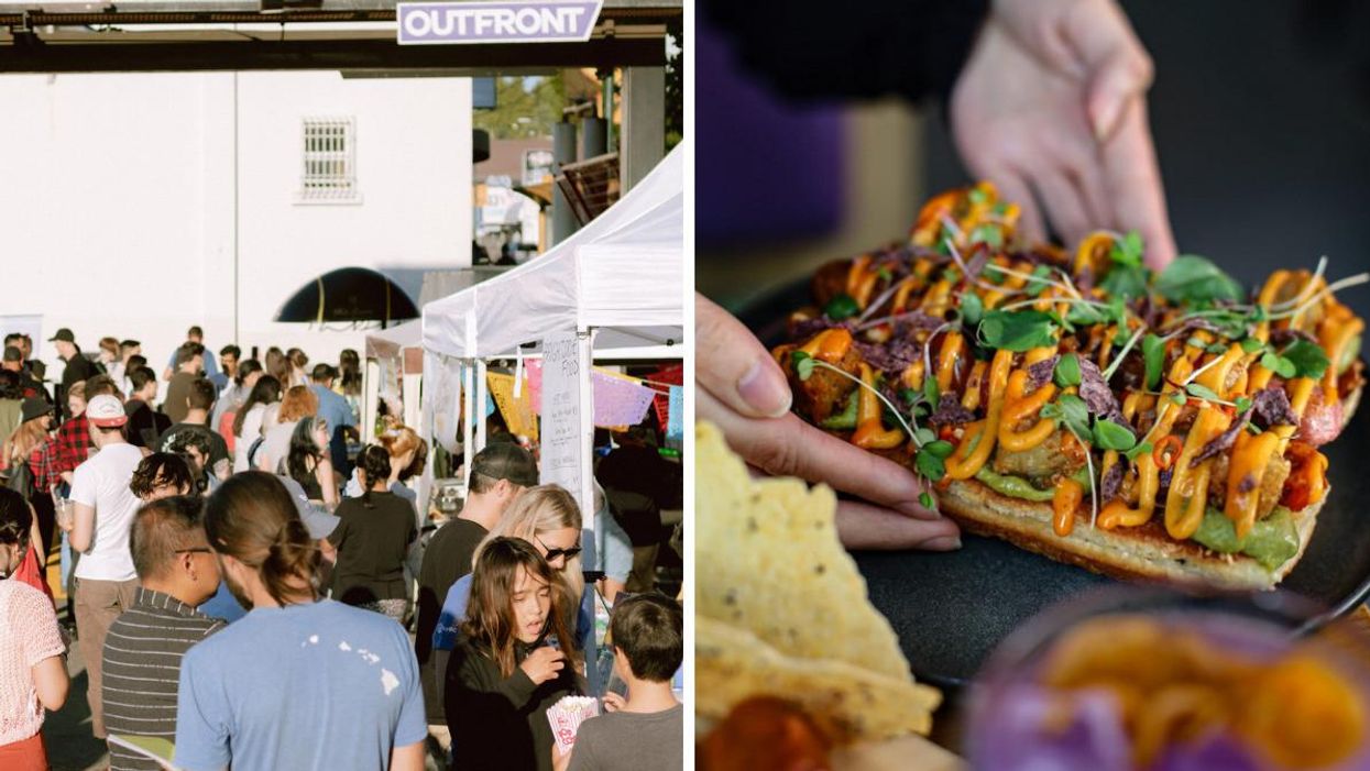 Vegan Night Market and people. Right: Plant-based food.
