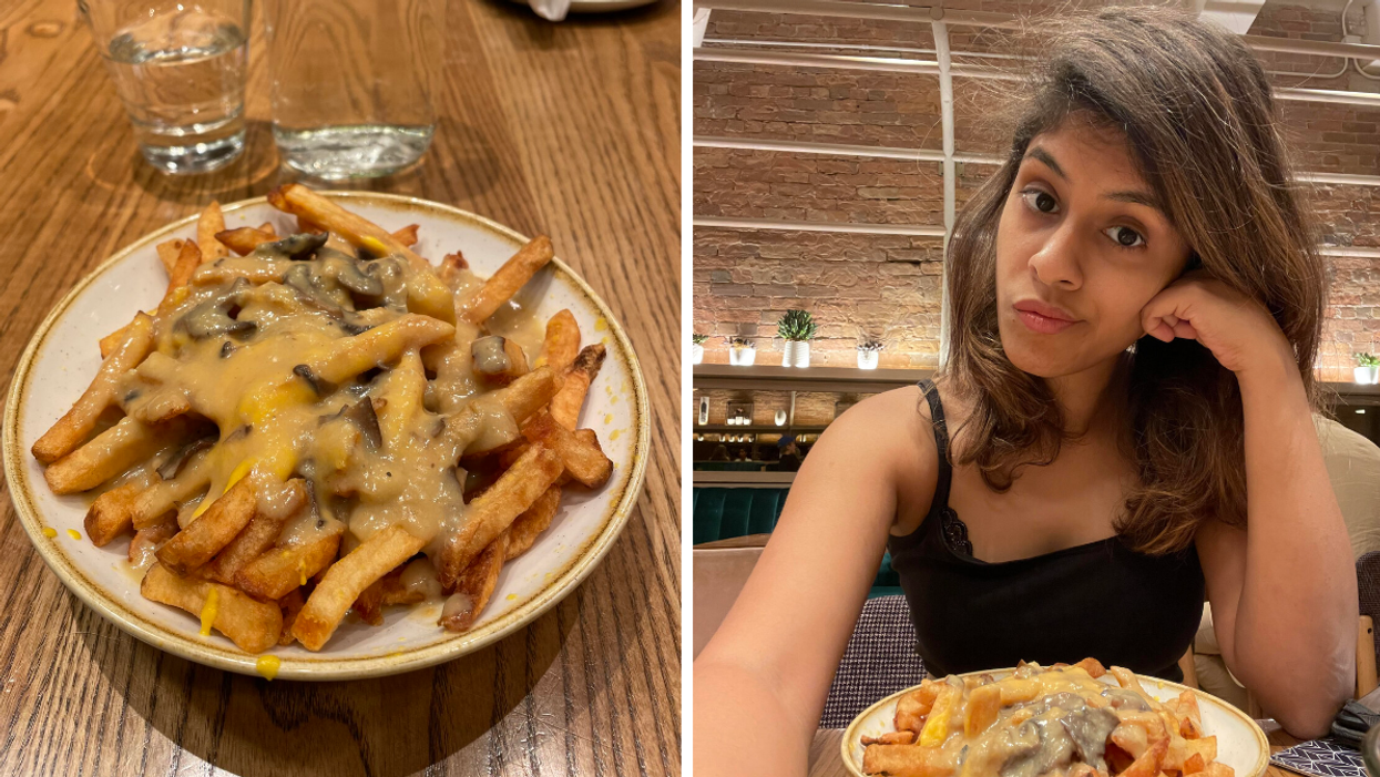 Vegan poutine on a plate. Right: Janice Rodrigues poses with the poutine.