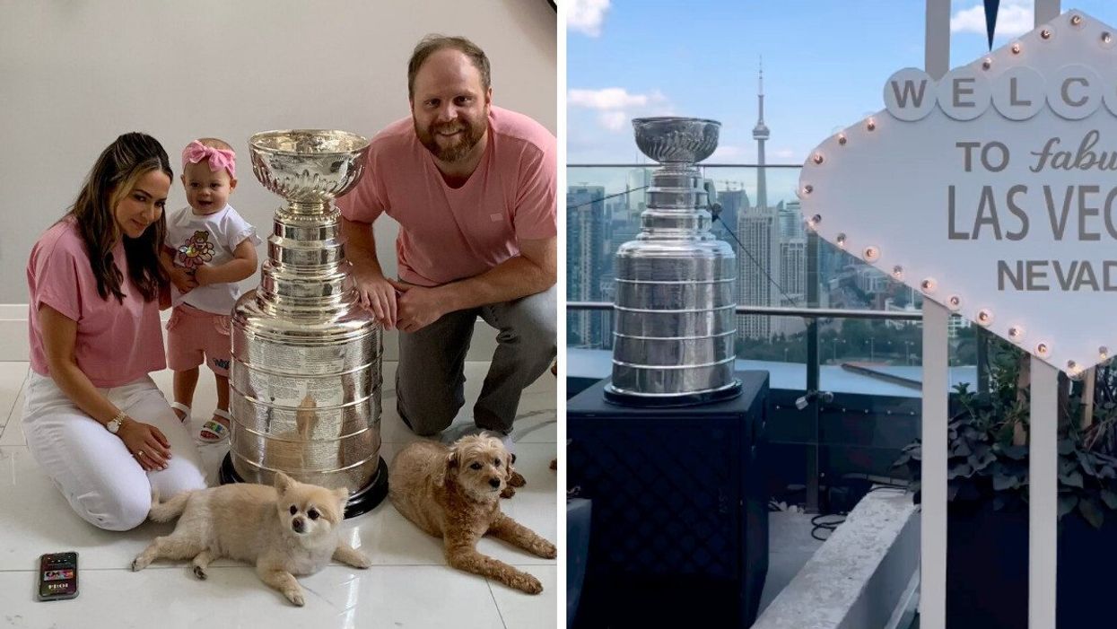 Vegas Golden Knights forward Phil Kessel with partner Sandra Pereira, daughter Kapri and the Stanley Cup. Right: The Stanley Cup at Hotel X in Toronto.