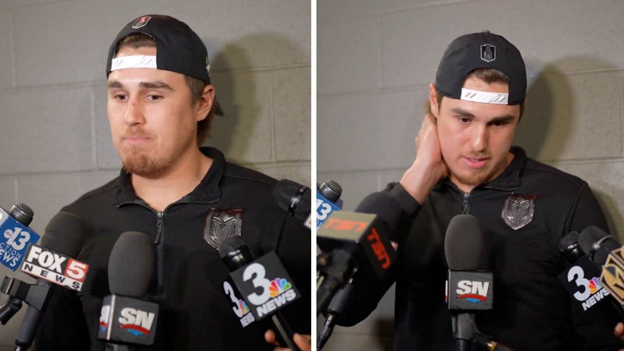 Vegas Golden Knights player Zach Whitecloud talking to reporters.