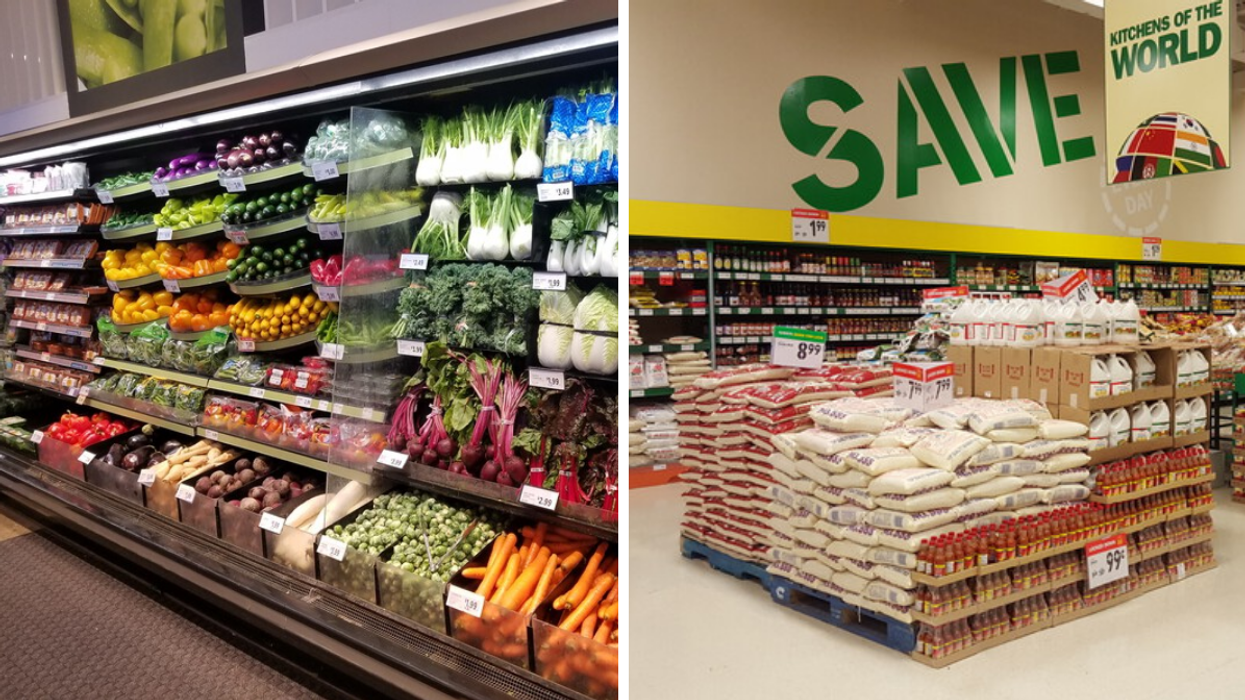 Vegetables in a supermarket. Right: Discounts at a grocery store.