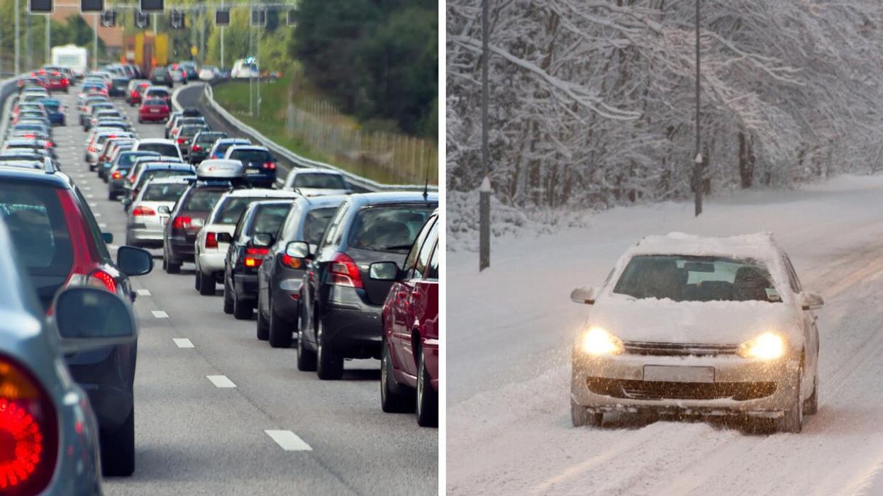 Vehicle traffic. Right: A car driving in winter.