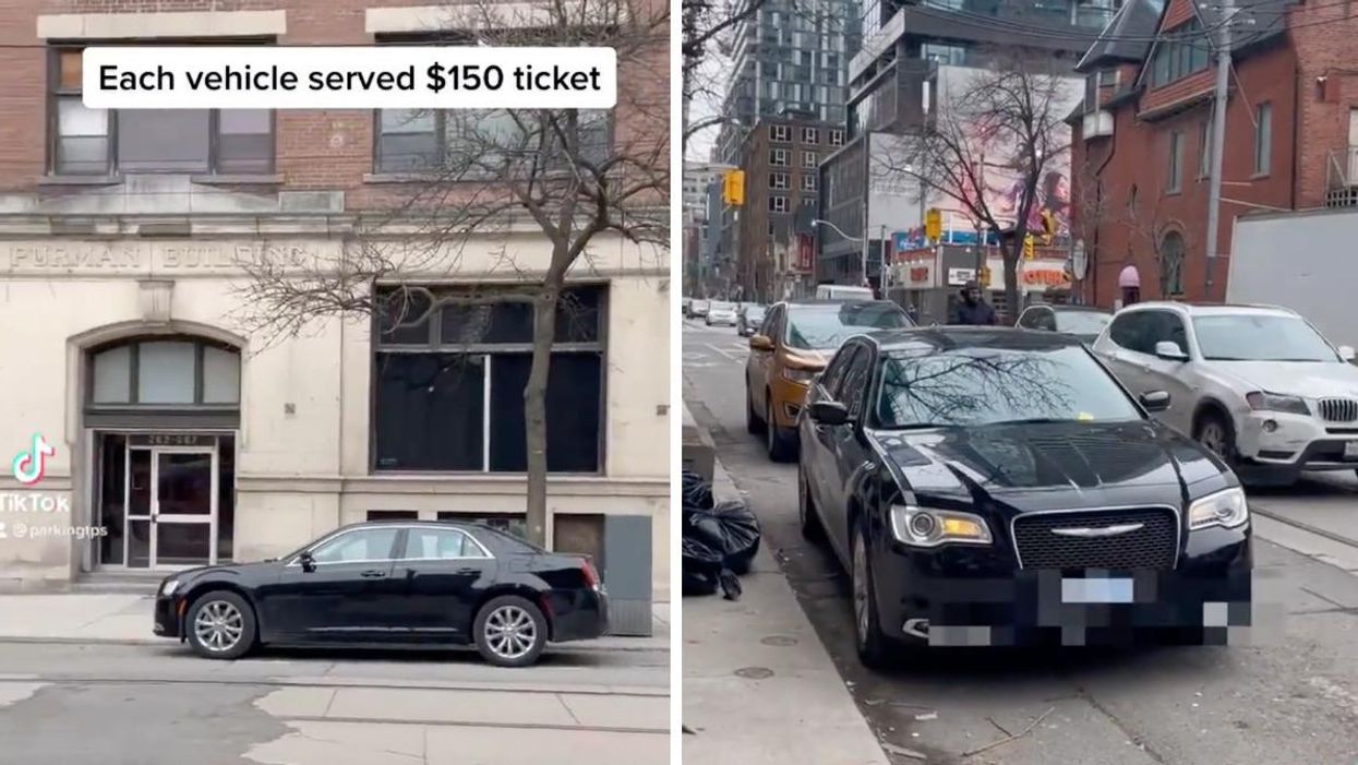 Vehicles are shown parked in bike lane in Toronto.