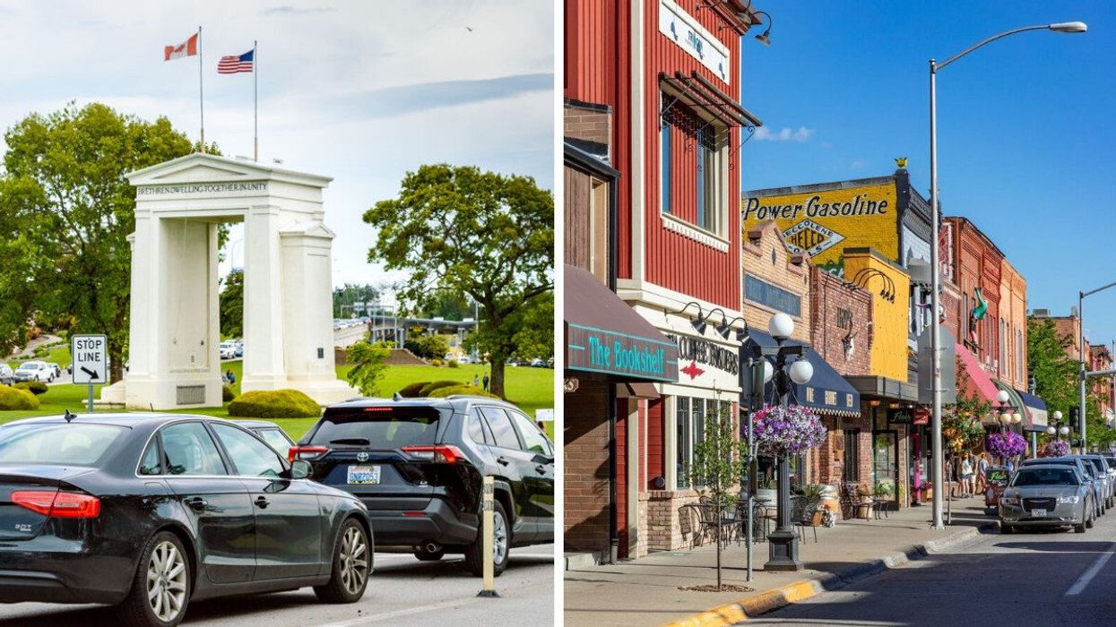 Vehicles at the Peace Arch border crossing in Surrey, B.C. Right: Downtown Kalispell, Montana. 