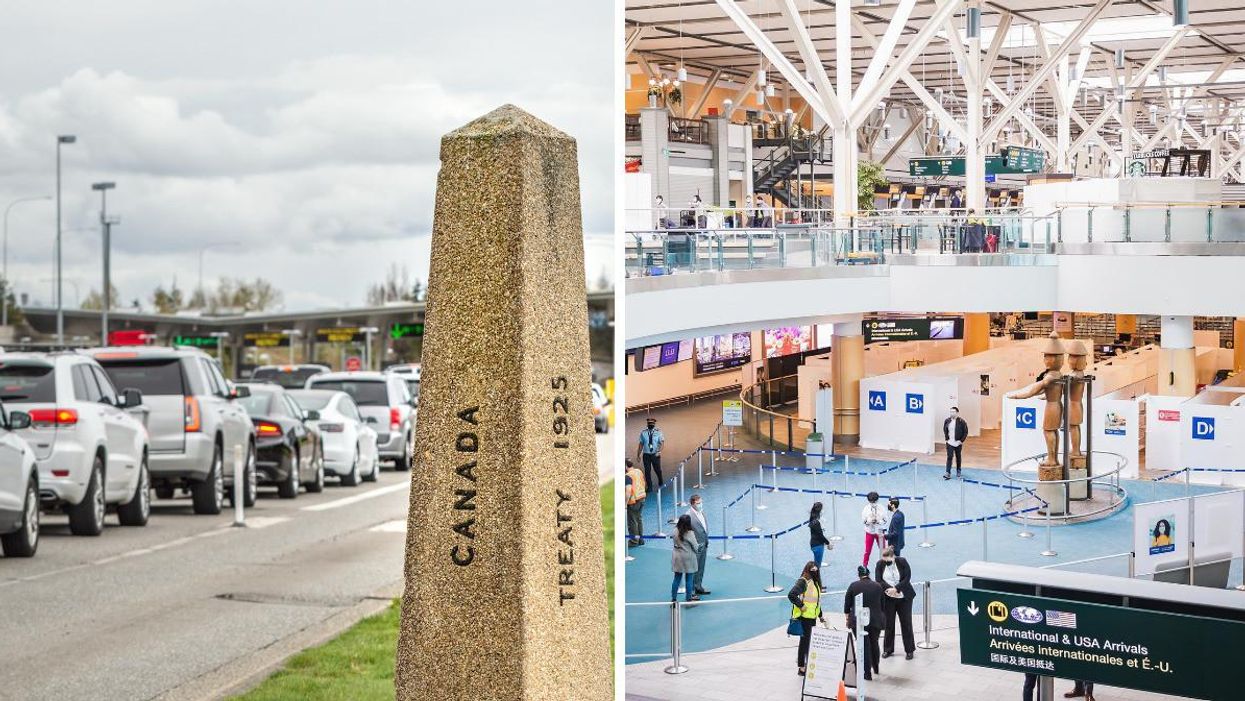 Vehicles wait at a Canada-US border crossing and, right, a generic image inside Vancouver International Airport.