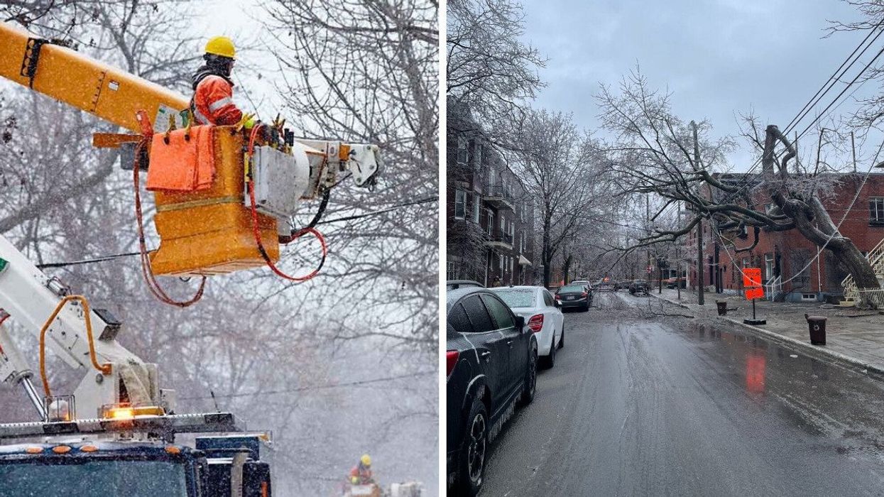 Véhicule d'Hydro-Québec. Droite : Tempête de verglas, avril 2023.