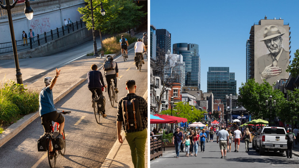 Vélo. Droite : Rue dans le centre-ville.