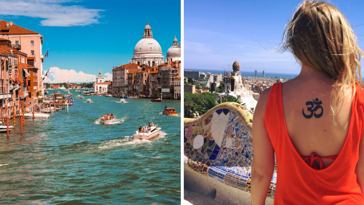 Venise en Italie. Droite : Une touriste à Barcelone.