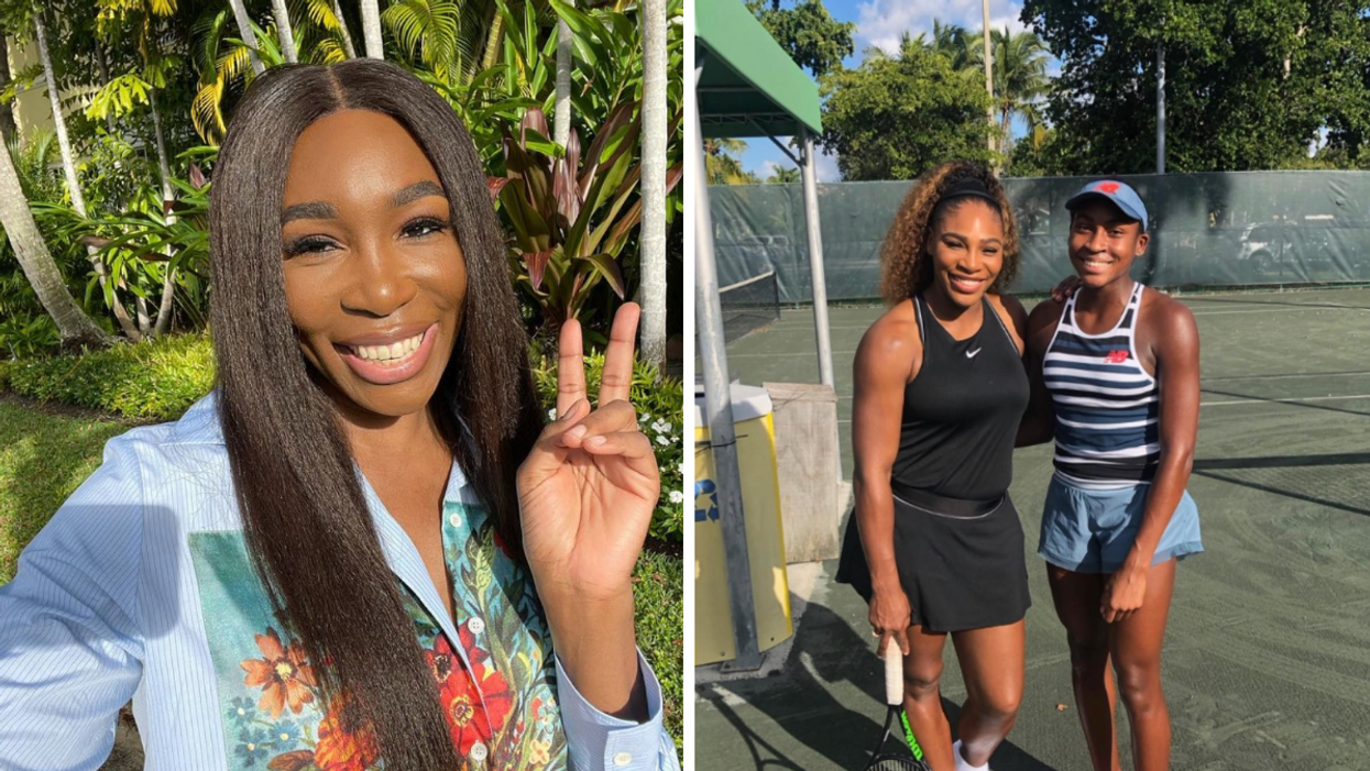 Venus Williams making a peace sign hand gesture. Right: Serena Williams and Coco Gauff.