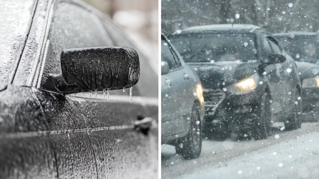 Verglas sur une voiture. Droite : Circulation hivernale difficile.