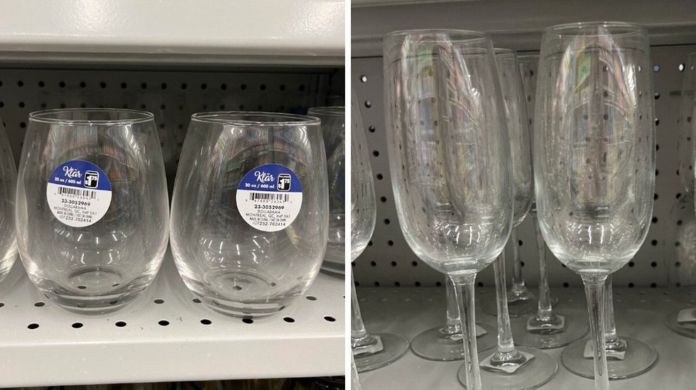 Verre de vin en vitre du Dollarama. Droite : Coupe de vin en vitre du Dollarama.