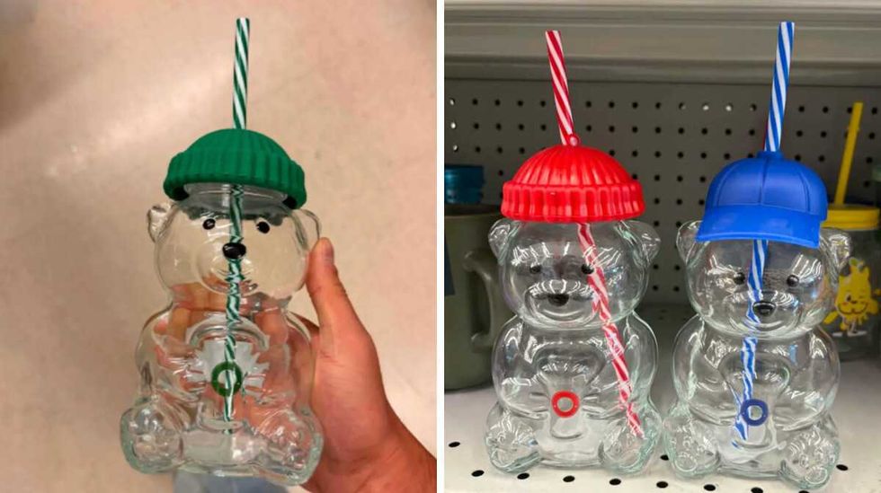 Verres transparents de 580 ml en forme d\u2019ours avec chapeaux color\u00e9s et pailles ray\u00e9es, vendus 4,50 $ chez Dollarama.
