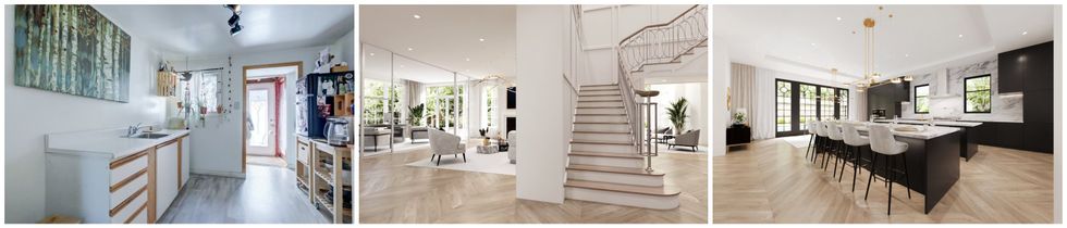 Vestibule et cuisine de la maison de LaSalle. Centre : Hall de la maison de Westmount. Droite : Cuisine de la maison de Westmount.