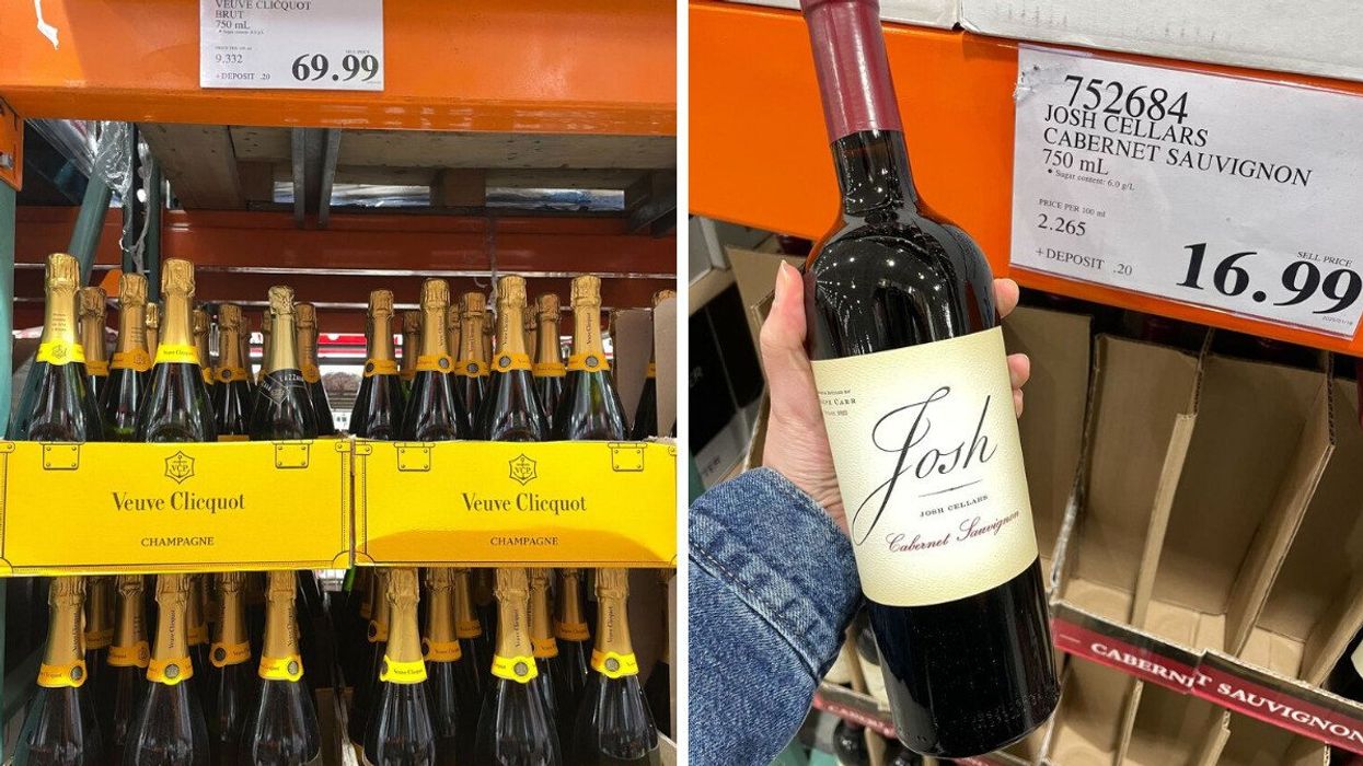 veuve clicquot champagne bottles at costco. right: person holding a josh cellars cabernet sauvignon at costco