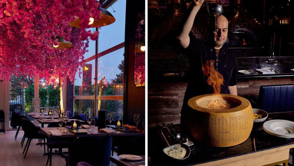 Via Allegro 's Atrium in Toronto. Right: A chef making pasta in a parmesan wheel.