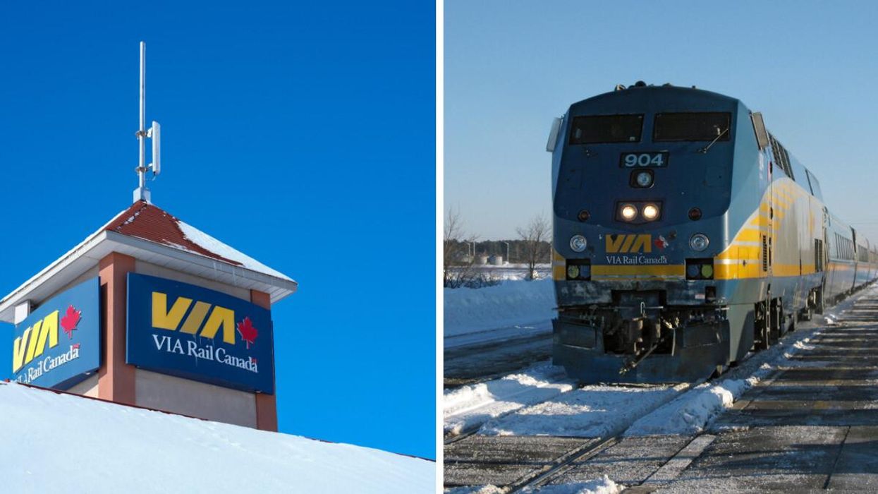 VIA Rail Canada sign. Right: VIA Rail train.