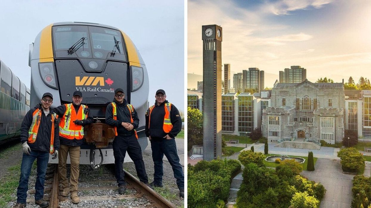 via rail employees in front of a train. right: buildings at ubc campus
