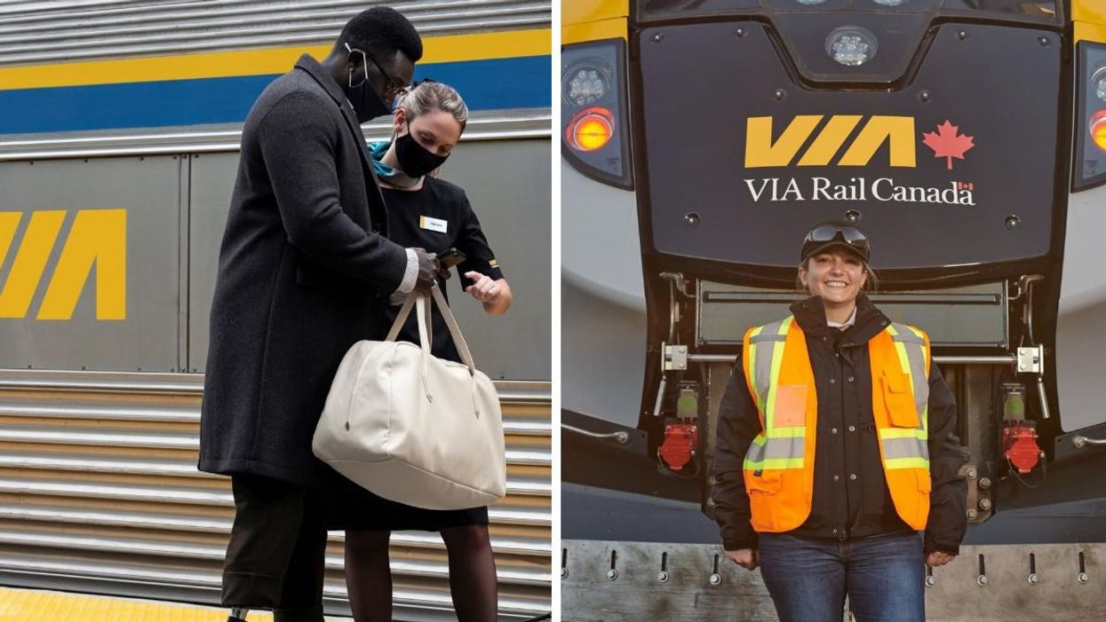 VIA Rail employees in front of VIA Rail trains.