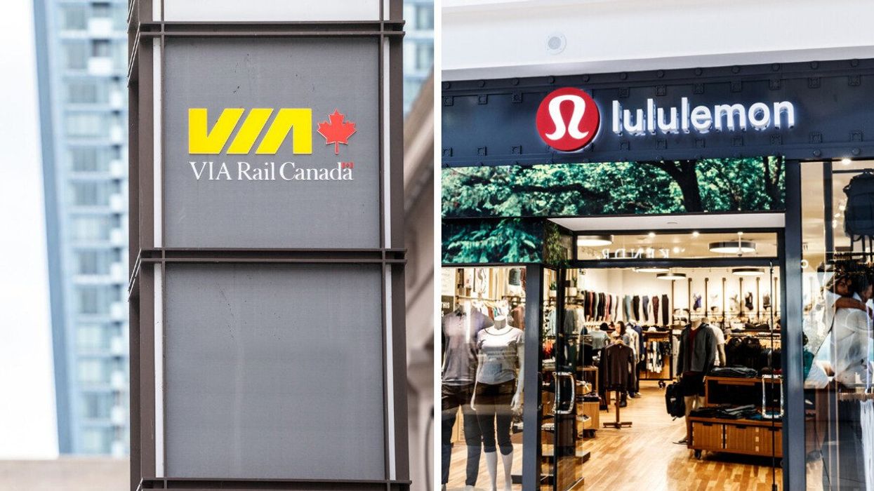 via rail sign at a train station in toronto. right: exterior of a lululemon store