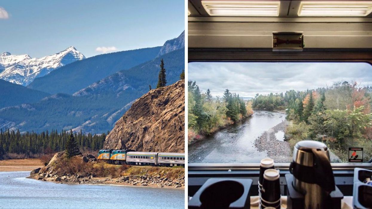 VIA Rail train in the Canadian Rockies. Right: VIA Rail train on The Ocean route.