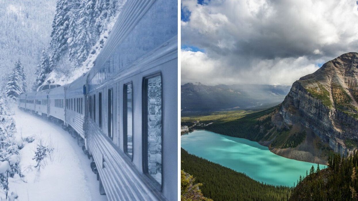 Via Rail train. Right: Lake Louise.