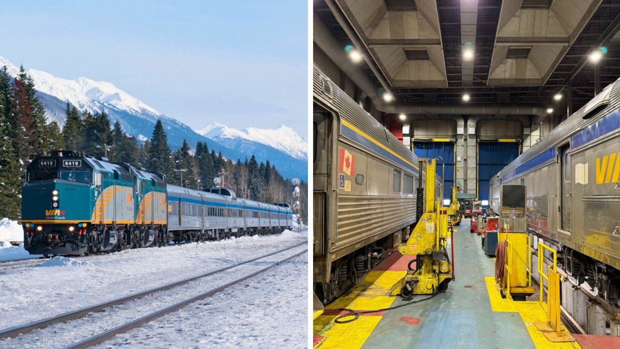 Via Rail train. Right: VIA rail maintenance centre.