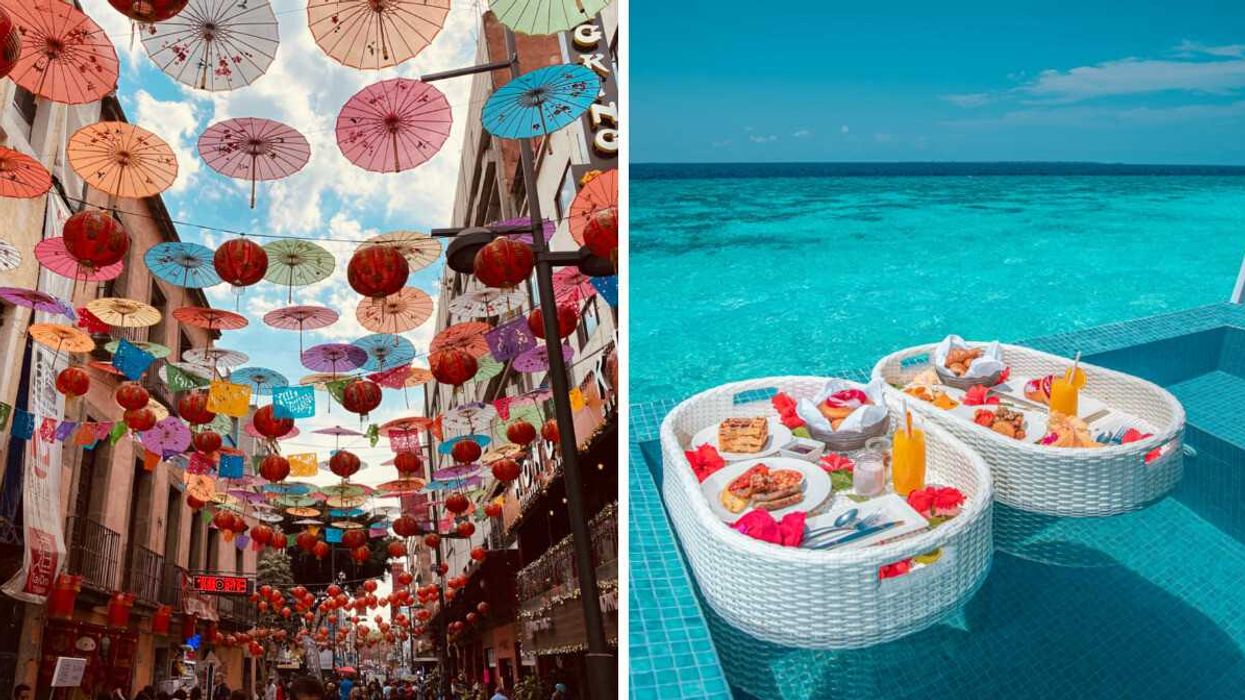 Vibrant street decor in Mexico. Right: Floating trays with an elegant breakfast float on turquoise water.