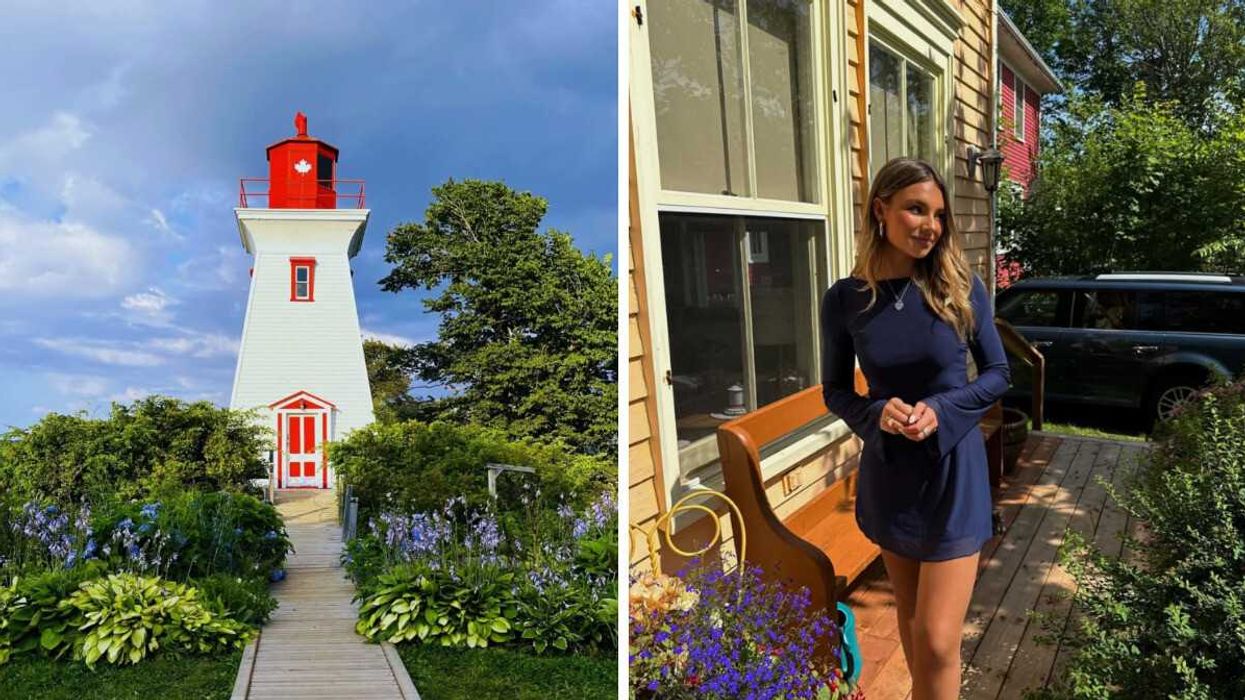 Victoria's lighthouse, surrounded by summer blooms. Right: A woman smiles near a quaint cottage, surrounded by foliage.