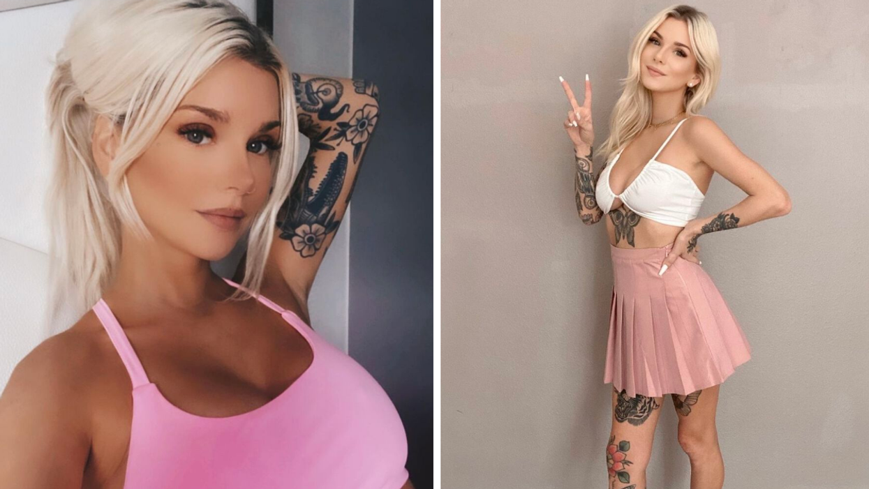 Victoria Triece in a pink top. Right: Triece in a white top and pink skirt.