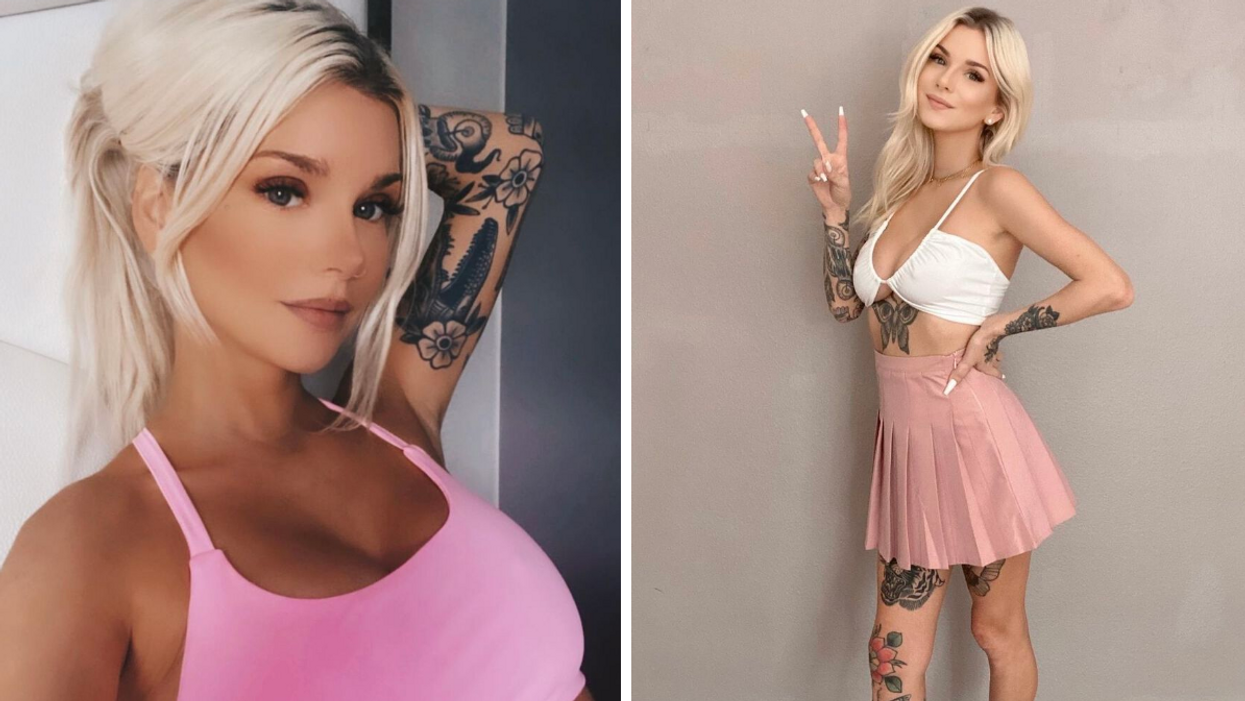 Victoria Triece in a pink top. Right: Triece in a white top and pink skirt.